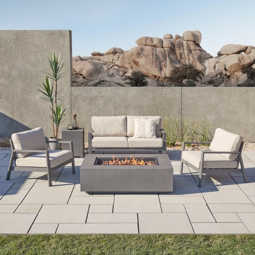 Aegean 5 Piece Outdoor Loveseat Set & Fire Table in Weathered Slate Steel & Tan Fabric